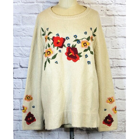 Cliche Womens Floral‎ Embroidered Wool Blend Beige Sweater Fuzzy Knit Curvy 1X - Picture 2 of 10